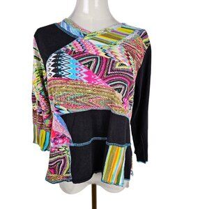 Parsley & Sage Top Petite Large Boho Mixed Media Artsy Colorful 3/4 Sleeve Black